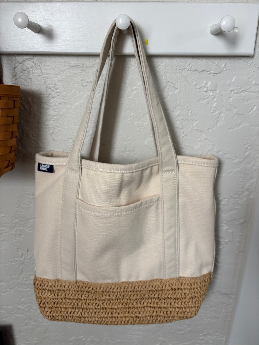 Lands' End Cream Canvas Tote with Straw-Bottom Accent